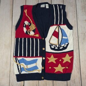 Laura Gayle Nautical patriotic Knit‎ Sweater Vest Button Up Novelty L
